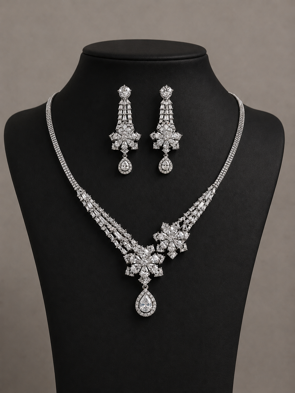 Luxury American Diamond Floral Drop Necklace Set for Women | Silver Plated Zirconia Party Wear Necklace & Earrings Set