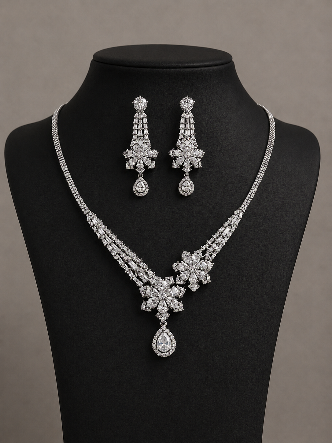 Luxury American Diamond Floral Drop Necklace Set for Women | Silver Plated Zirconia Party Wear Necklace & Earrings Set