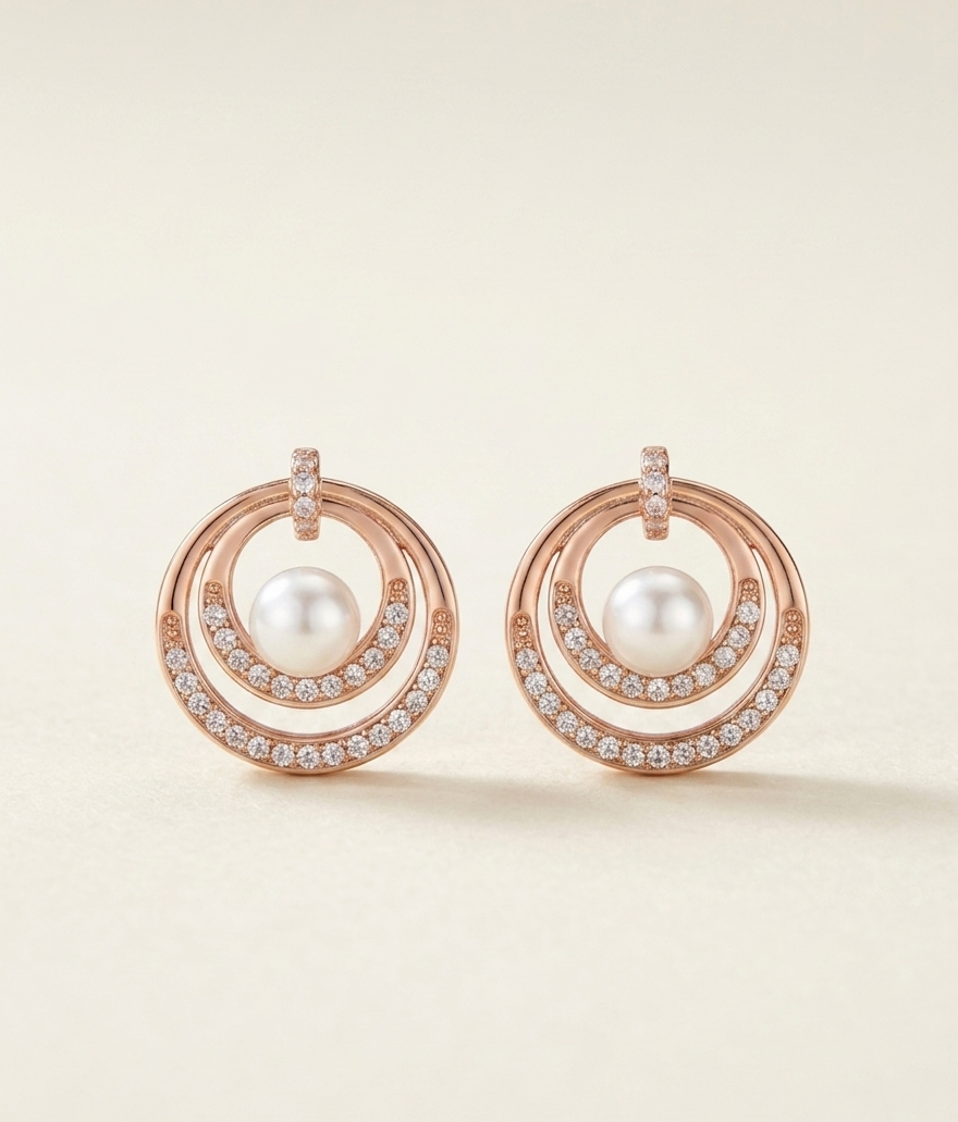 Rose Gold Pearl Halo Stud Earrings with Zirconia Crystal Detailing