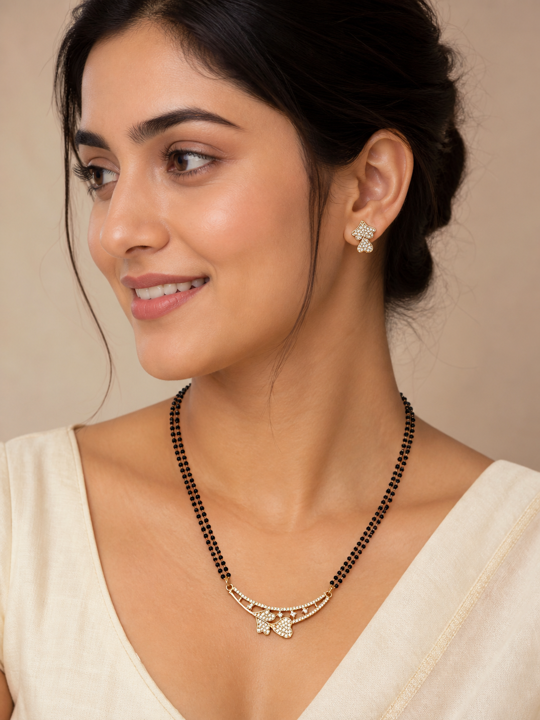 Rose Gold Butterfly Charm Mangalsutra Set with Zirconia Detailing & Matching Earrings