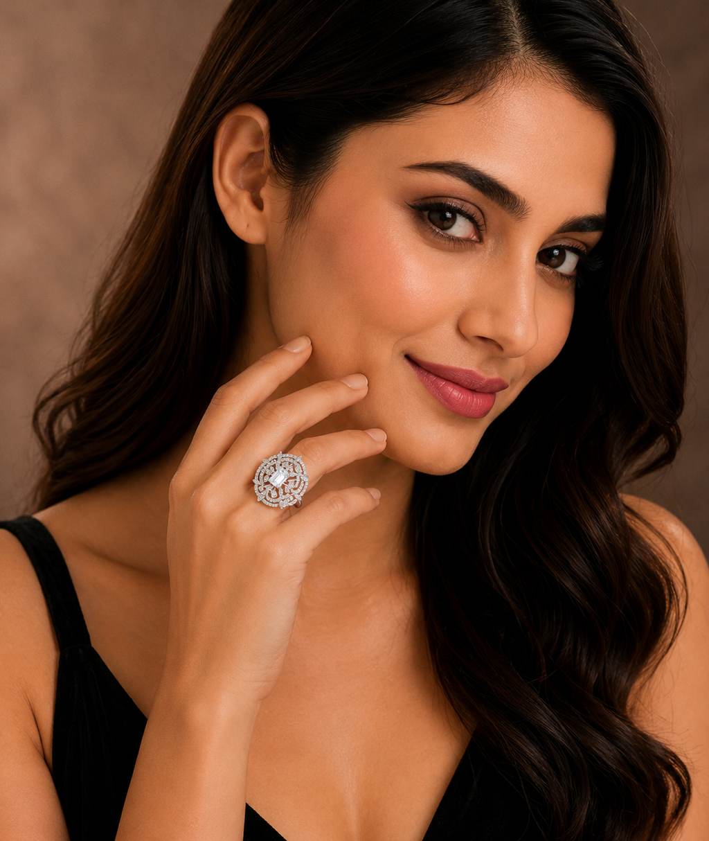 Kimsi Silver American Diamond Adjustable Statement Ring for Women