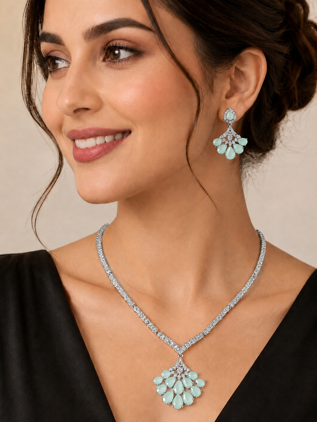 Mint Green American Diamond Statement Necklace Set with Drop Earrings | Silver-Plated Party Wear Jewellery Set