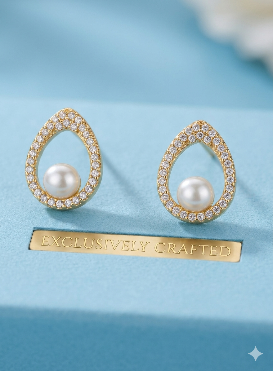 Golden Teardrop Pearl Stud Earrings with Zirconia Crystal Border