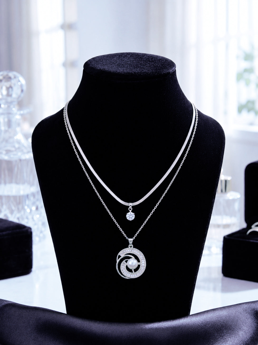 Silver Double Layered Pearl & Zircon Pendant Necklace for Women | Korean Style Daily Wear Pendant Chain