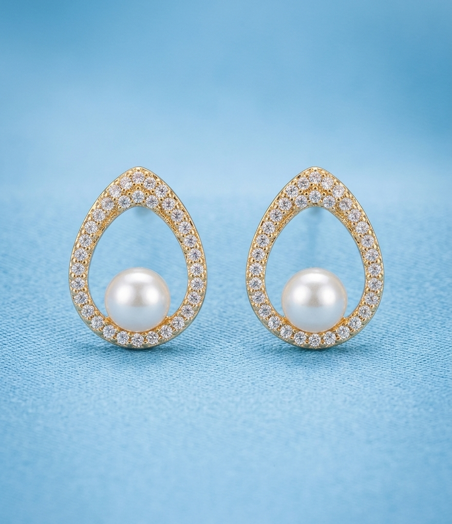 Golden Teardrop Pearl Stud Earrings with Zirconia Crystal Border