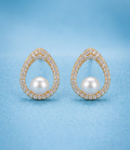 Golden Teardrop Pearl Stud Earrings with Zirconia Crystal Border