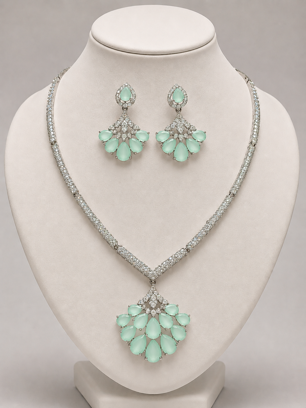 Mint Green American Diamond Statement Necklace Set with Drop Earrings | Silver-Plated Party Wear Jewellery Set