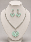 Mint Green American Diamond Statement Necklace Set with Drop Earrings | Silver-Plated Party Wear Jewellery Set