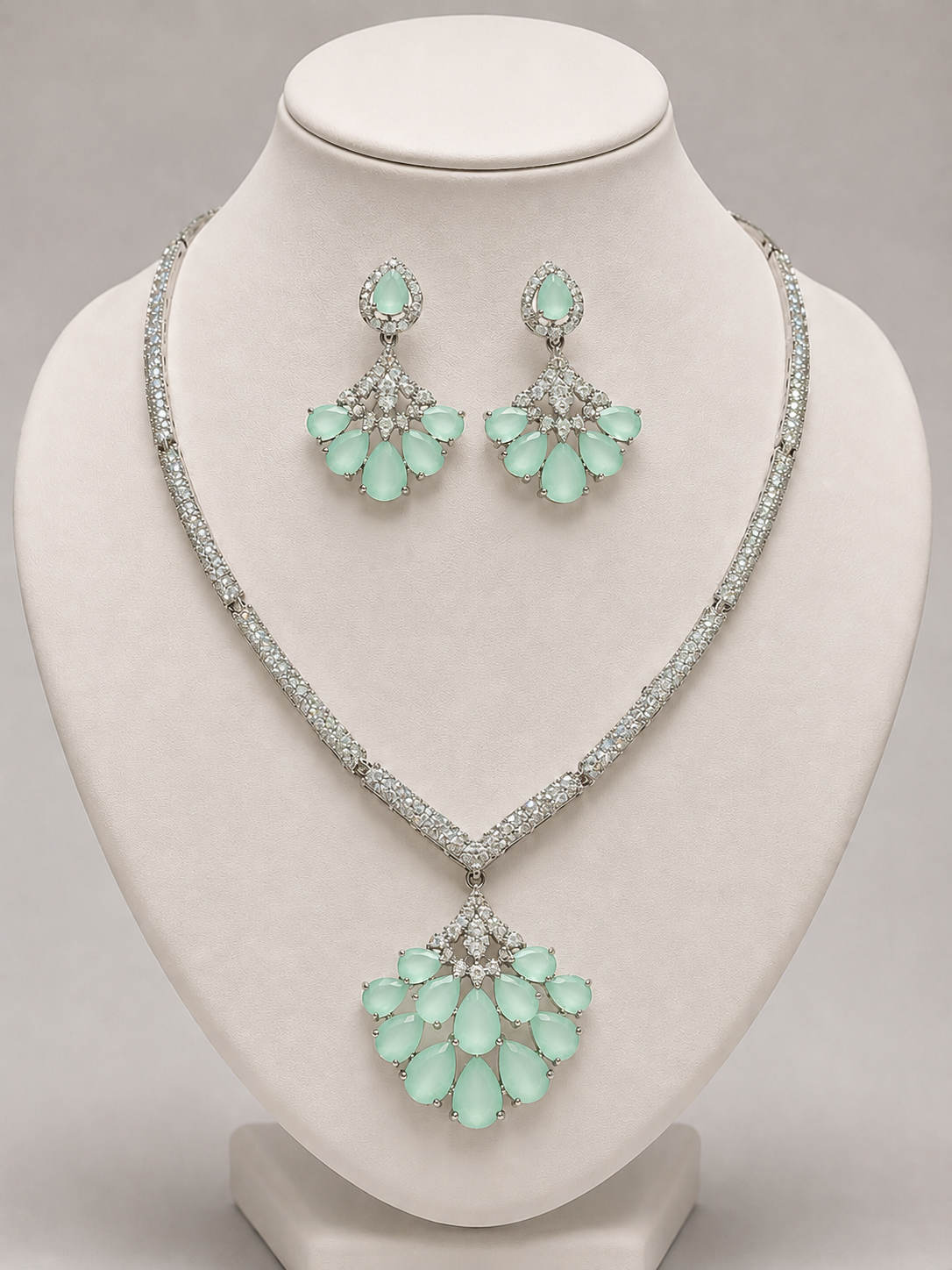 Mint Green American Diamond Statement Necklace Set with Drop Earrings | Silver-Plated Party Wear Jewellery Set