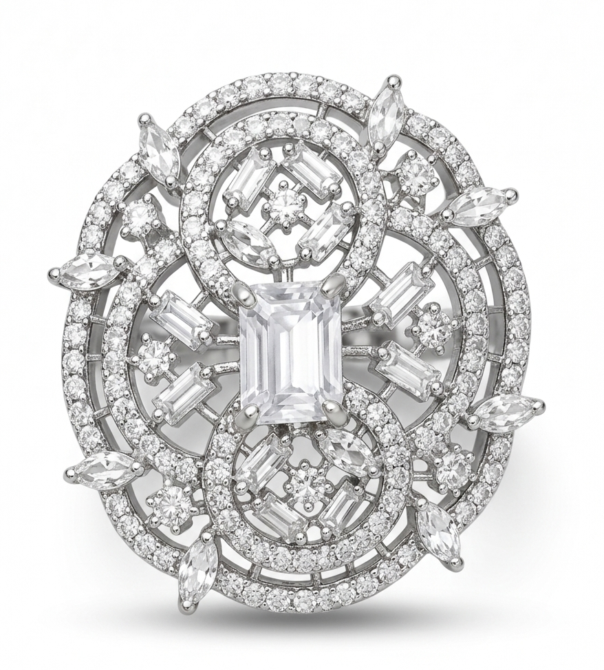 Kimsi Silver American Diamond Adjustable Statement Ring for Women