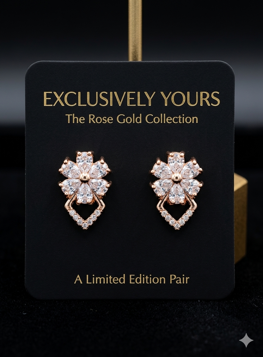 Rose Gold Floral Zirconia Stud Earrings with Geometric Drop Design