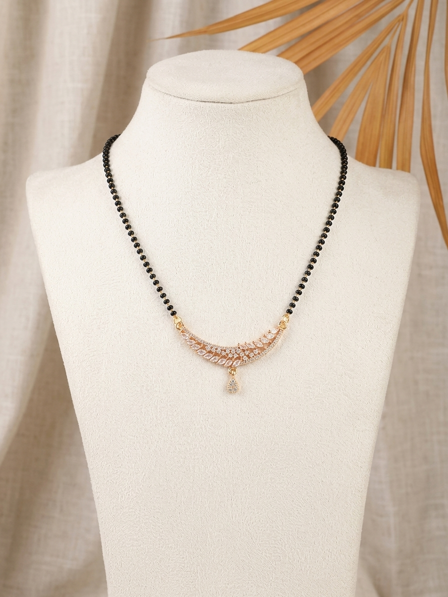 Elegant Rose Gold-Plated American Diamonds Curved Leaf Mangalsutra with Single Strand Black Bead Necklace for Women
