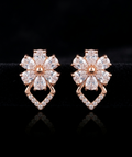 Rose Gold Floral Zirconia Stud Earrings with Geometric Drop Design