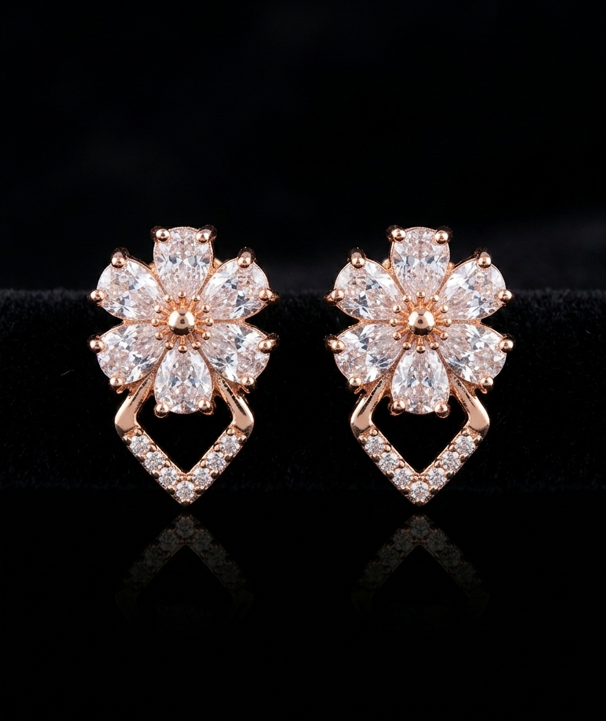 Rose Gold Floral Zirconia Stud Earrings with Geometric Drop Design