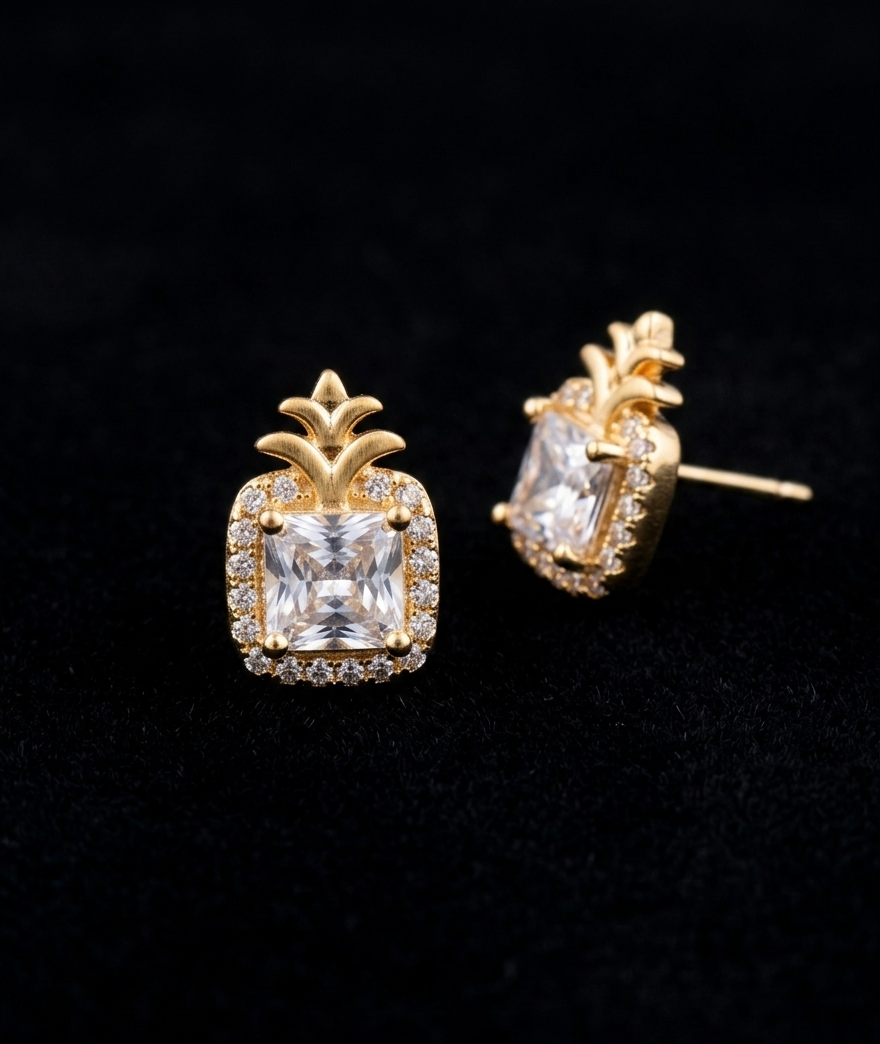 Golden Princess-Cut Zirconia Stud Earrings with Luxe Crystal Halo