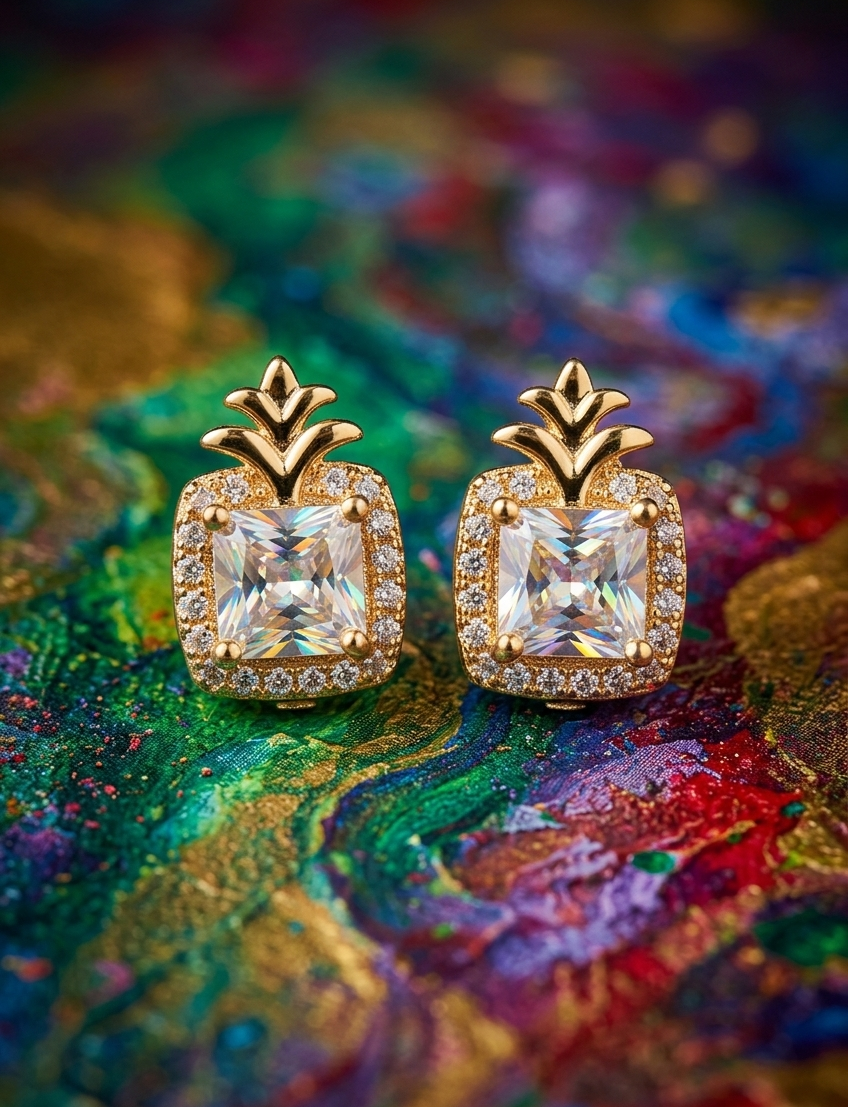 Golden Princess-Cut Zirconia Stud Earrings with Luxe Crystal Halo