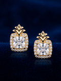 Golden Princess-Cut Zirconia Stud Earrings with Luxe Crystal Halo