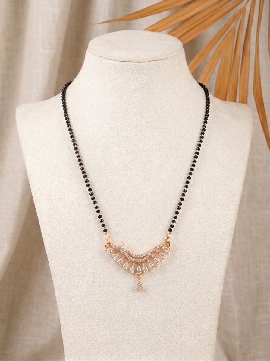 Elegant Rose Gold-Plated American Diamonds Mangalsutra with Single Strand Black Bead Necklace for Women