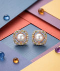 Rose Gold Pearl Cushion Stud Earrings with Multicolor Zirconia Halo