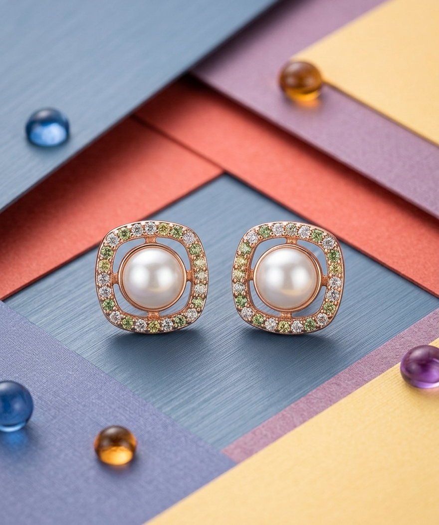 Rose Gold Pearl Cushion Stud Earrings with Multicolor Zirconia Halo
