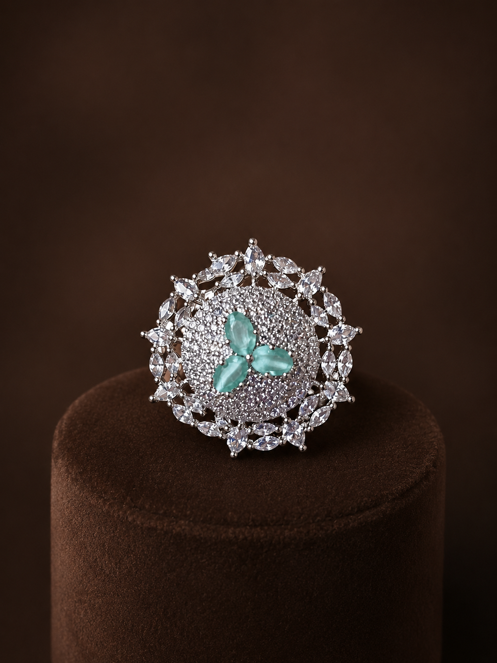 Kimsi Mint Green Floral American Diamond Adjustable Statement Ring for Women