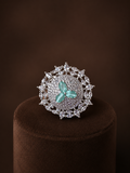 Kimsi Mint Green Floral American Diamond Adjustable Statement Ring for Women