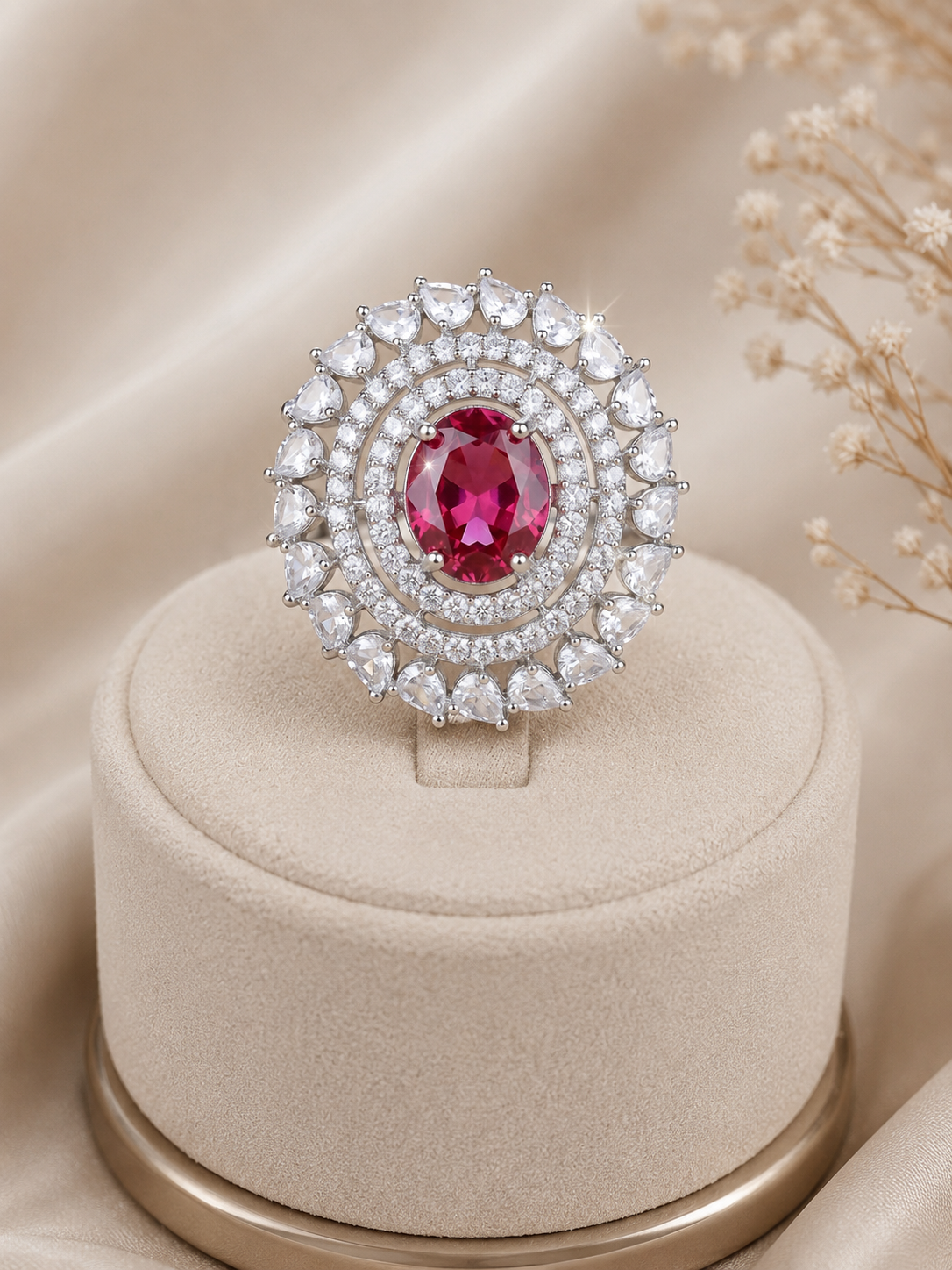 Kimsi Ruby Red American Diamond Adjustable Statement Ring for Women