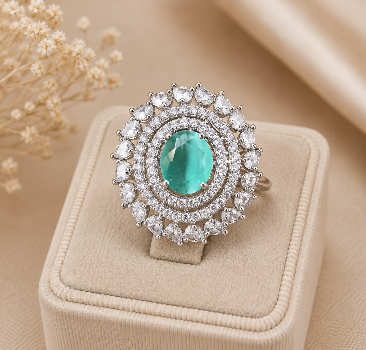 Kimsi Mint Green American Diamond Adjustable Statement Ring for Women