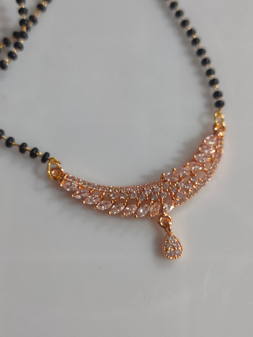 Elegant Rose Gold-Plated American Diamonds Curved Leaf Mangalsutra with Single Strand Black Bead Necklace for Women