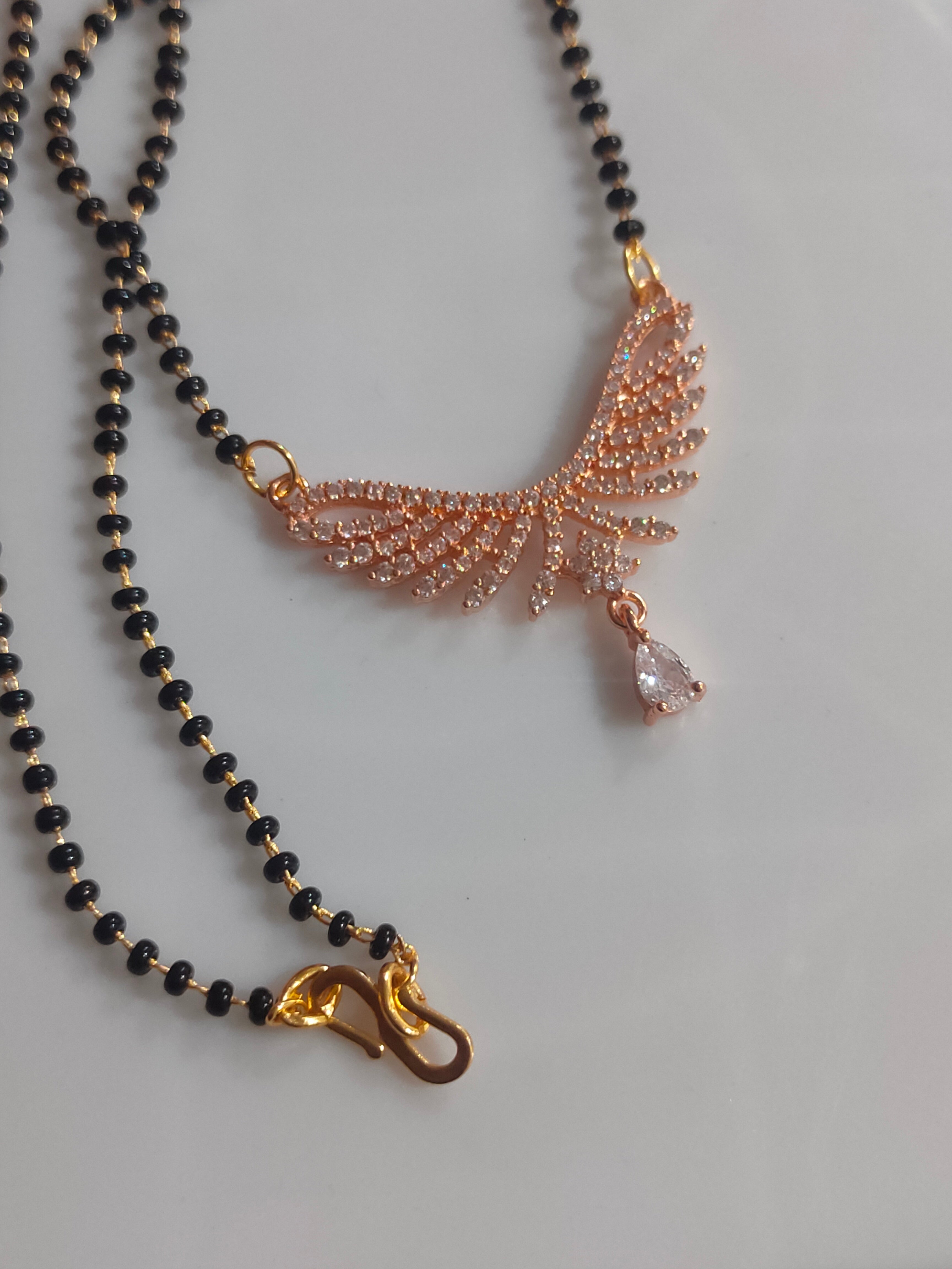 Elegant Rose Gold-Plated American Diamonds Mangalsutra with Single Strand Black Bead Necklace for Women