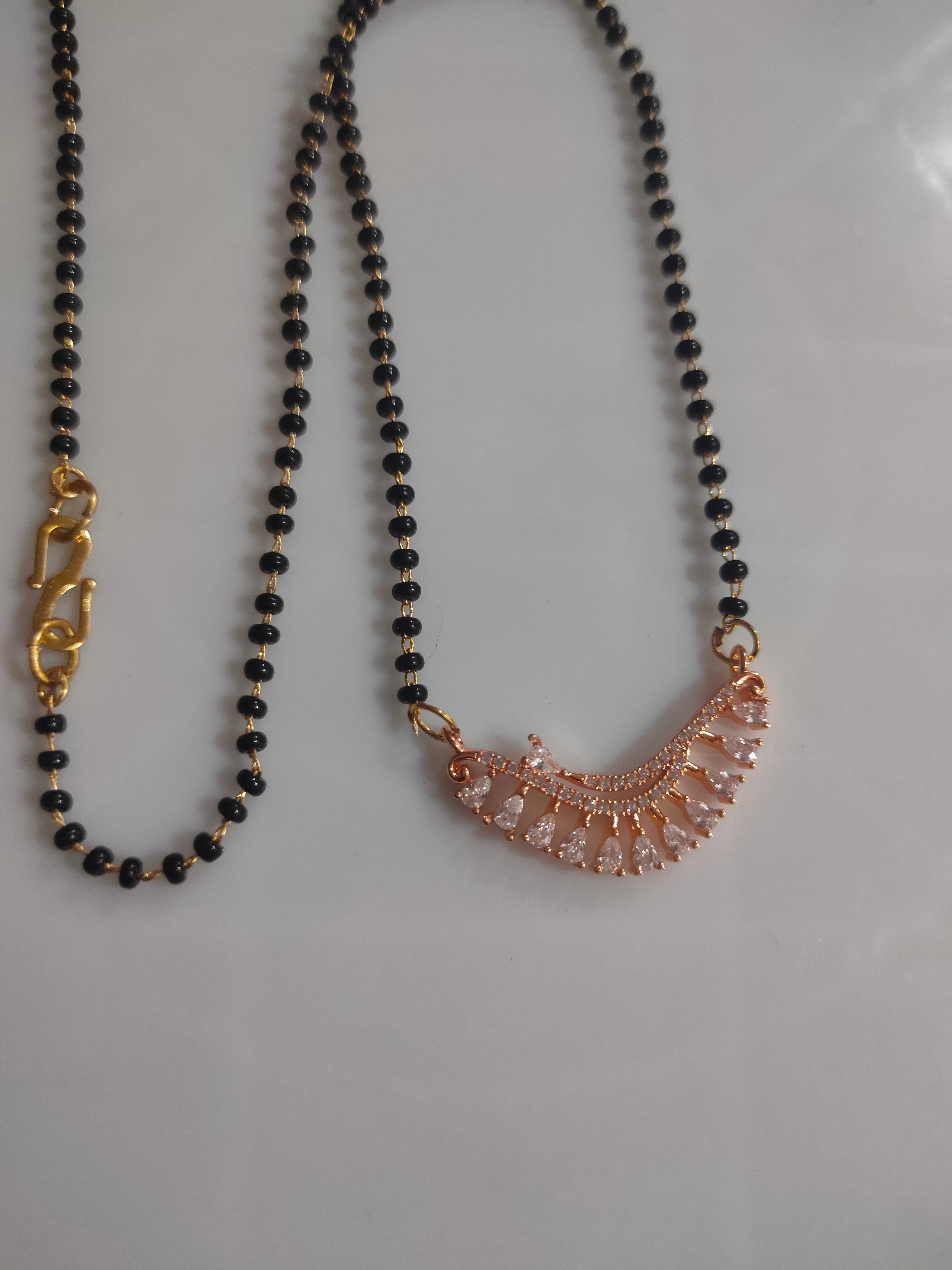 Elegant Rose Gold-Plated American Diamonds Mangalsutra with Single Strand Black Bead Necklace for Women