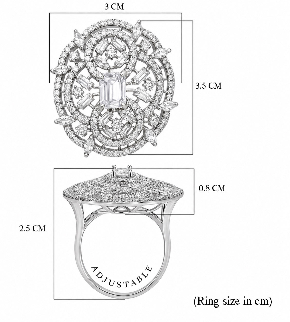 Kimsi Silver American Diamond Adjustable Statement Ring for Women